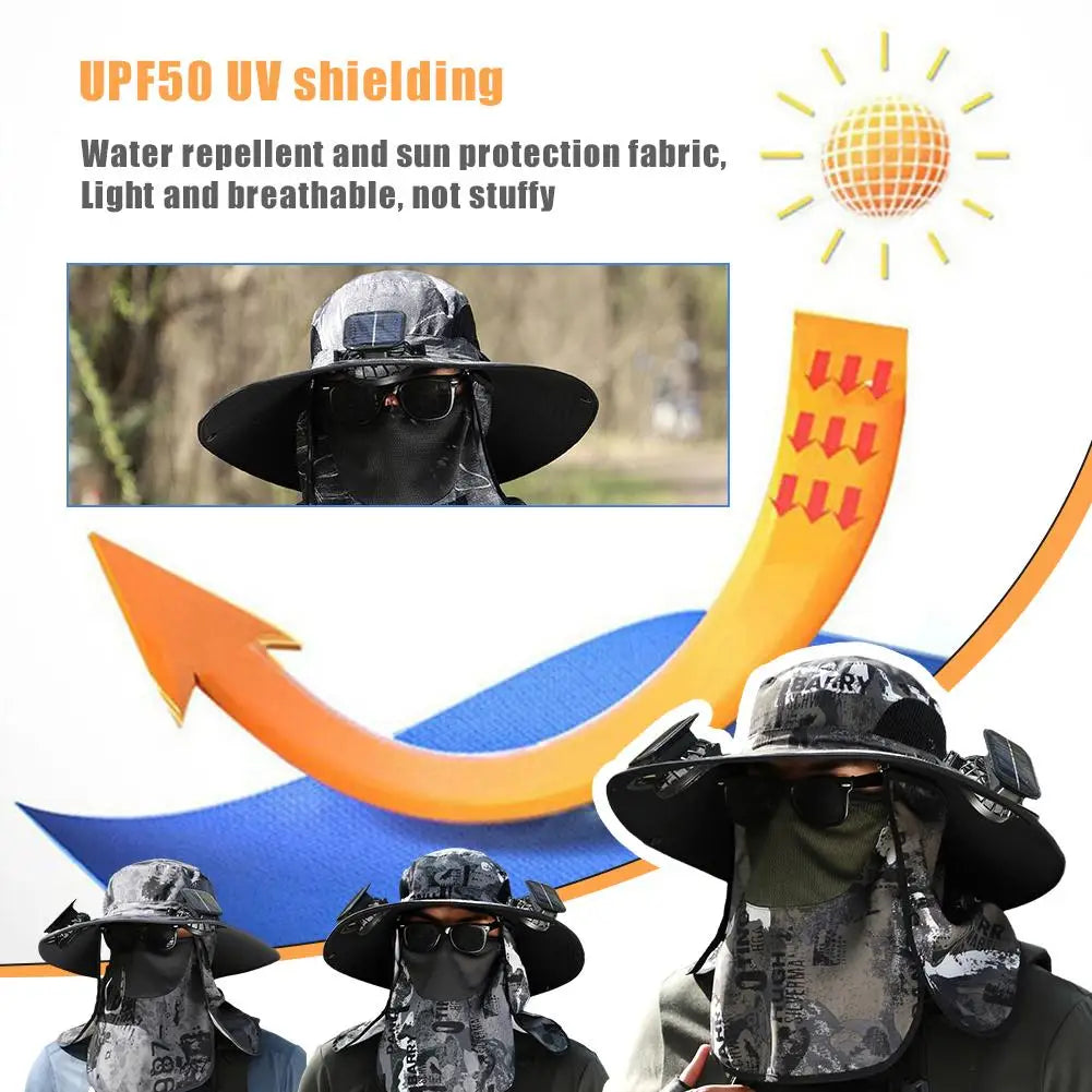 Solar USB Rechargeable Full Face Cover Mute Fan Summer Male Outdoor Fan Hat Big Edge Sun Hat Sunscreen Quick-drying Fishing Hat Vue