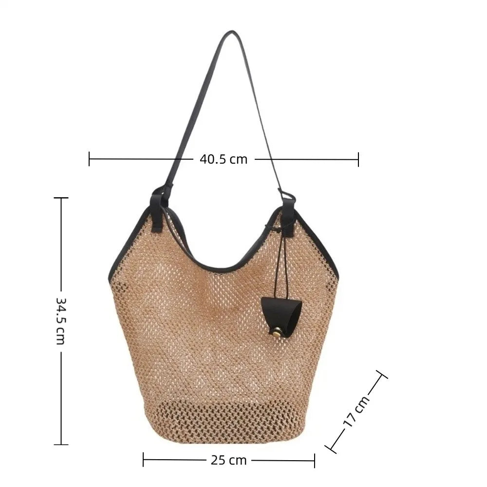 Summer Straw Woven Shoulder Bag Large Capacity Hollow Out Tote PU