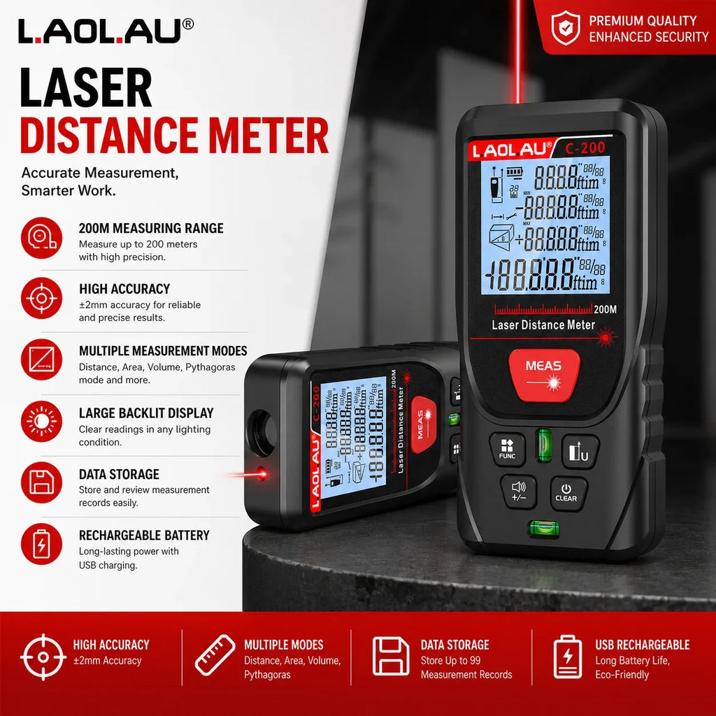 LAOLAU Digital Laser Range Finder RED/Green Laser Beam Meter High Precision Measuring Tools Backlit Screen IP54 Waterproof Vue