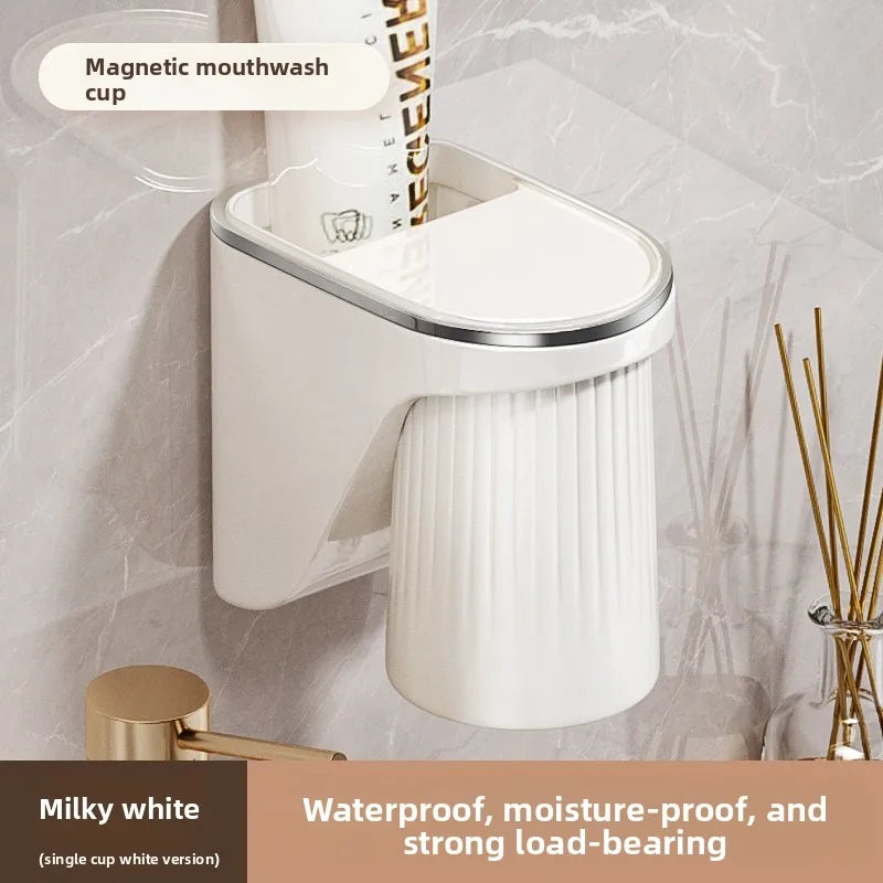 Magnetic Mouthwash Toothbrush cup, Inverted Drain and Wash set, Household with Storage box, Toothbrush cup Vue White