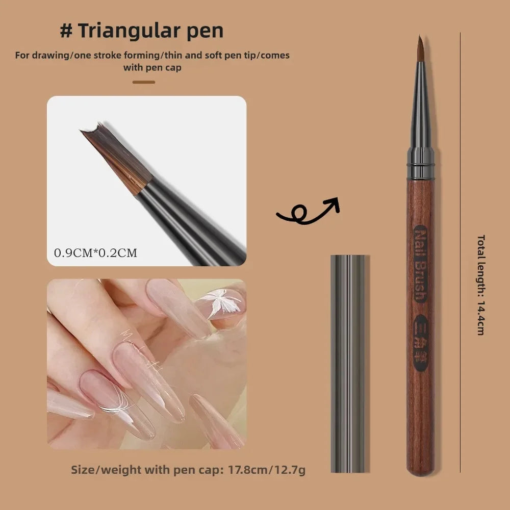 Round Wood Handle Triangular Petal Nail Brush Acrylic Nail Art Liner Brush Stripes Grid Flower Painting Drawing PenManicure Tool Vue