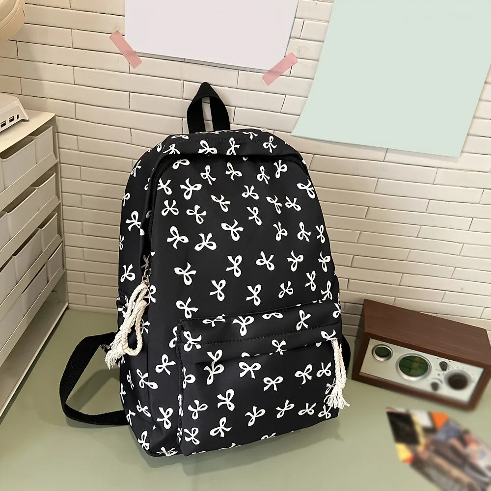 Cute Bowknot Rucksack for Teen Girls College School Travel Commute Casual Lightweight Stylish Sports Backpack Vue Black-White
