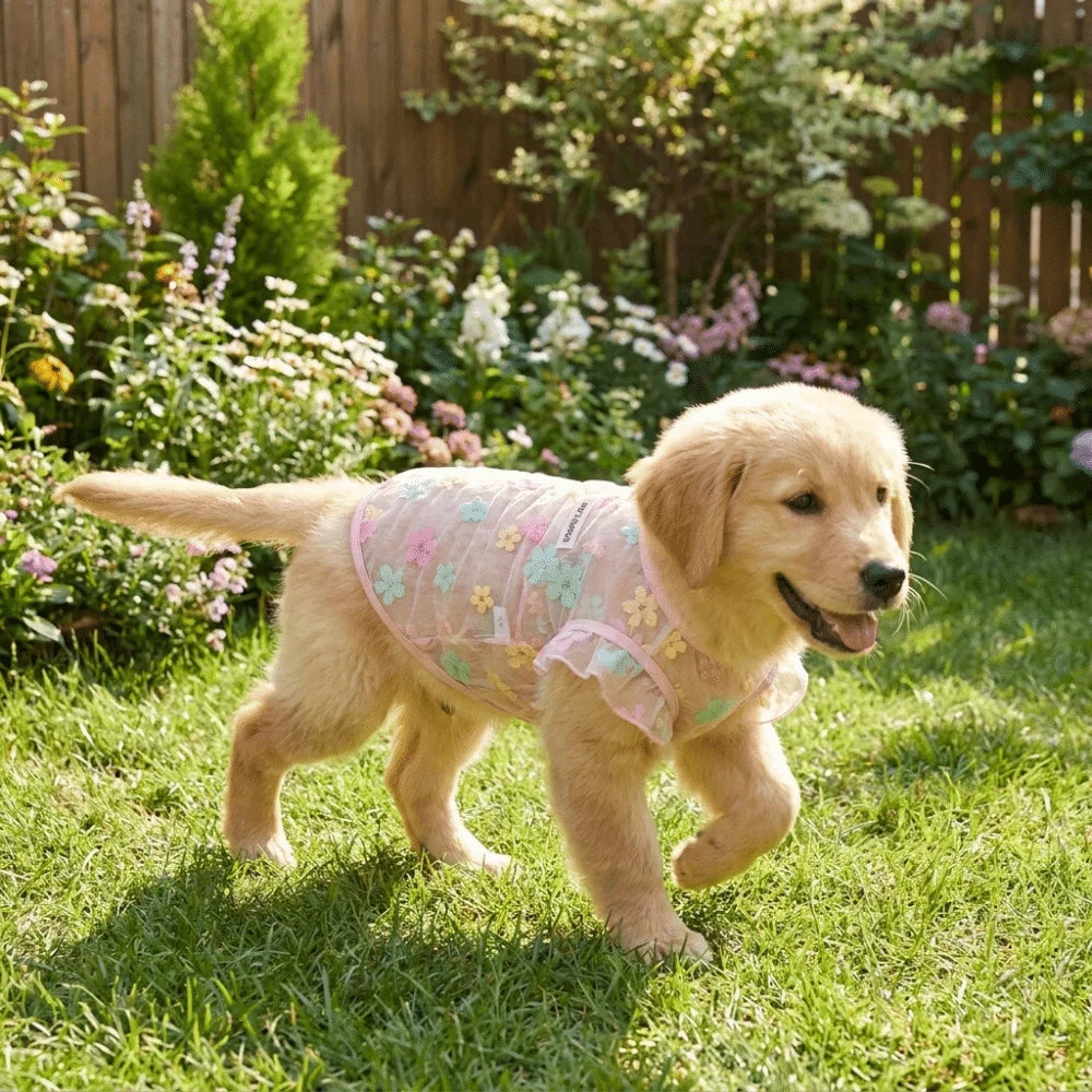 Thin Breathable Cooling Dog Vest Flying Sleeves Sunproof Cat Mesh T Shirt Lightweight Floral Print Dog Sunscreen Clothing Summer Vue