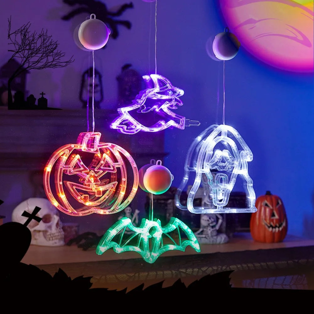 Halloween LED Sucker Lamp Window Hanging Halloween Light Pumpkin Witch Grimace Bat Led Light for Home Party Scary Decoration Vue Witch