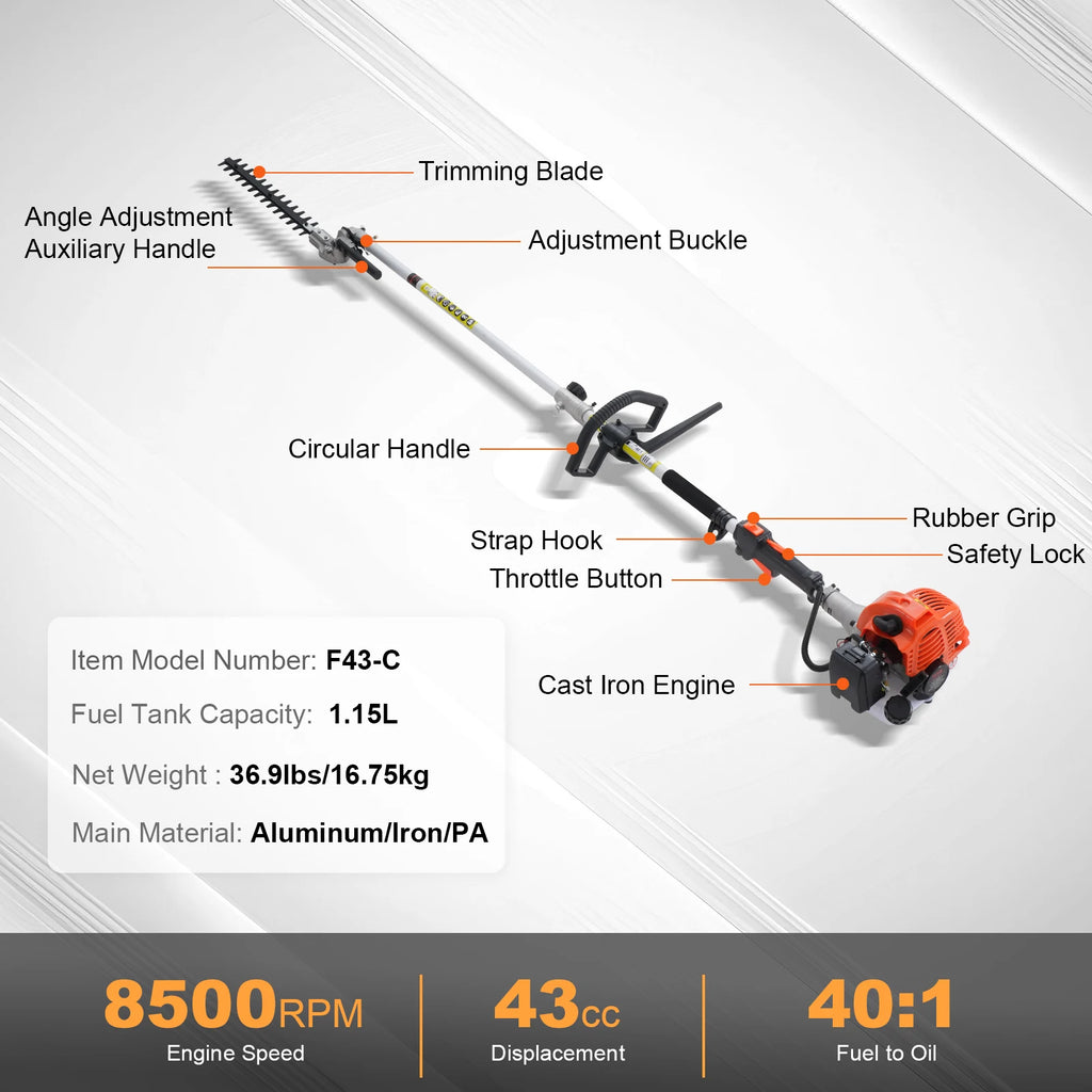 43CC 6-in-1 Gas Hedge Trimmer, Weed Eater & Pole Chainsaw Gas Multi-Tool Trimmer Vue High 43cc 36.9lbs United States