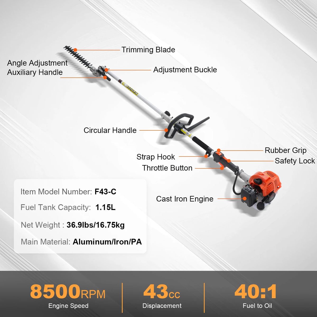 43CC 6-in-1 Gas Hedge Trimmer, Weed Eater & Pole Chainsaw Gas Multi-Tool Trimmer Vue High 43cc 36.9lbs United States