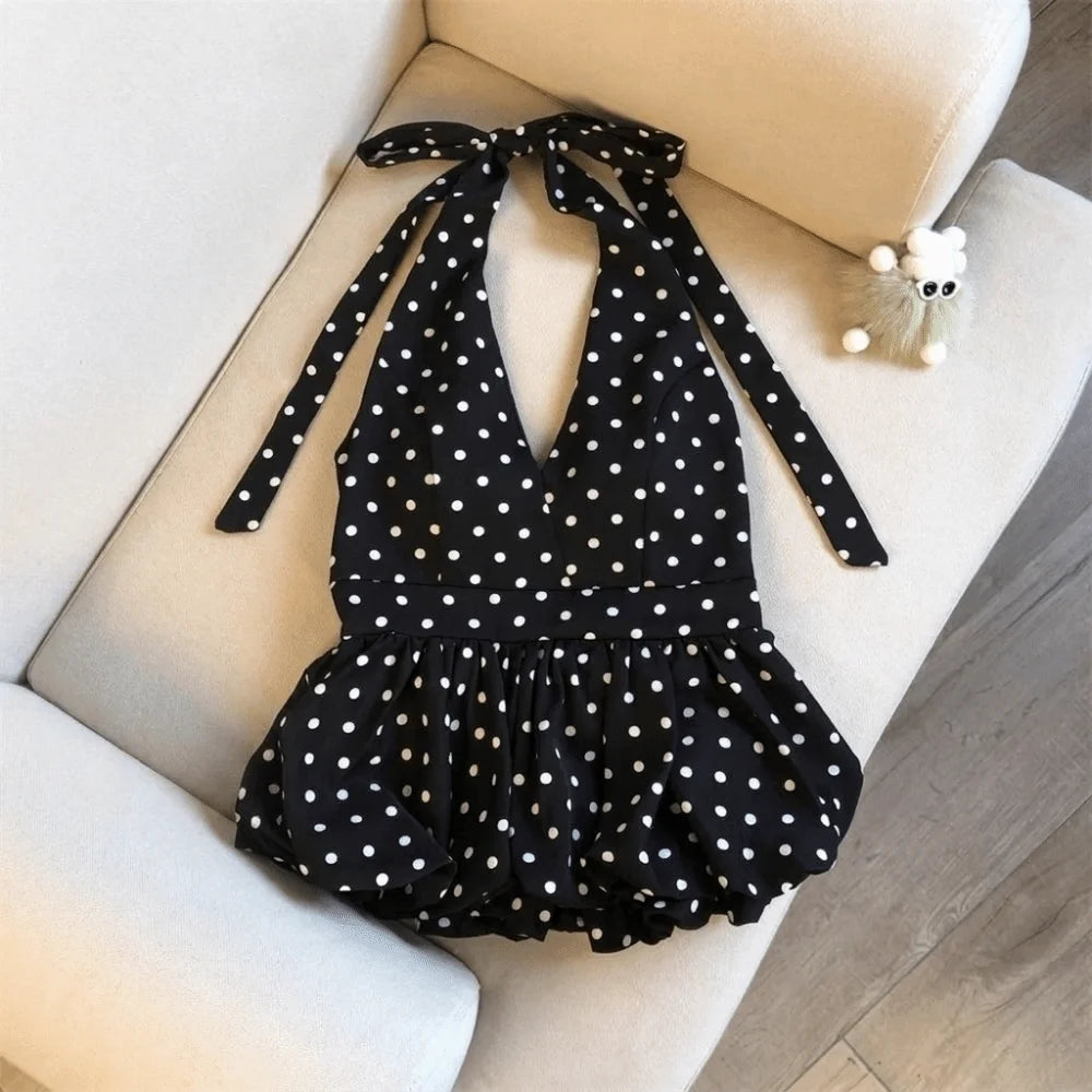 Casual Neck Hanging Backless Crop Dot Pattern Basic Halter Open Back