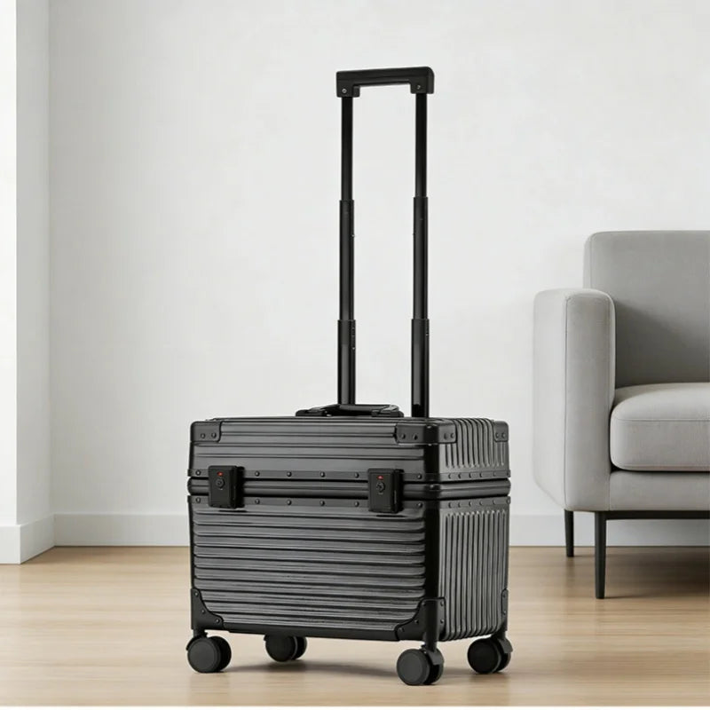 Carry On 18 Inch Aluminum Alloy Frame Luggage Men's PC Material Suitcase Women's Tool Luggage Photography Luggage Vue 9002-Black