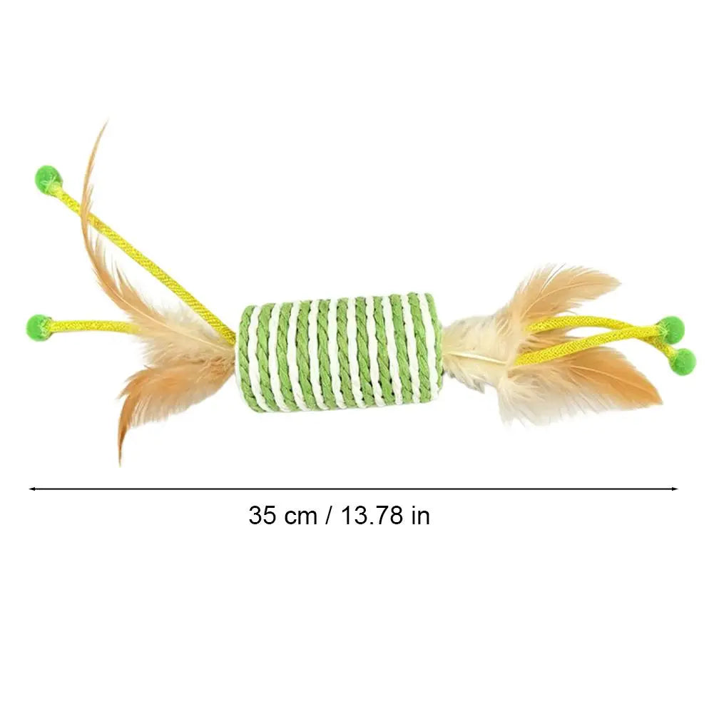 Interactive Cat Rope Roller Toy Feather Teaser Scratching Pillar Bite Resistant Green Striped Rope Roller Pet Kitten Supplies Vue