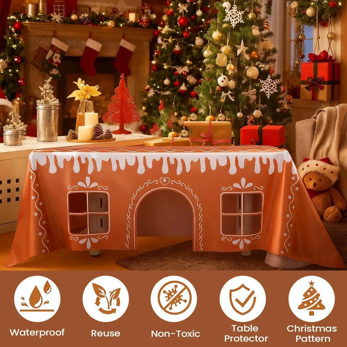 Gingerbread House Christmas Tablecloth & Runner Set, Reusable Farmhouse Holiday Table Decor for Kitchen Dining, Party & Festival Vue
