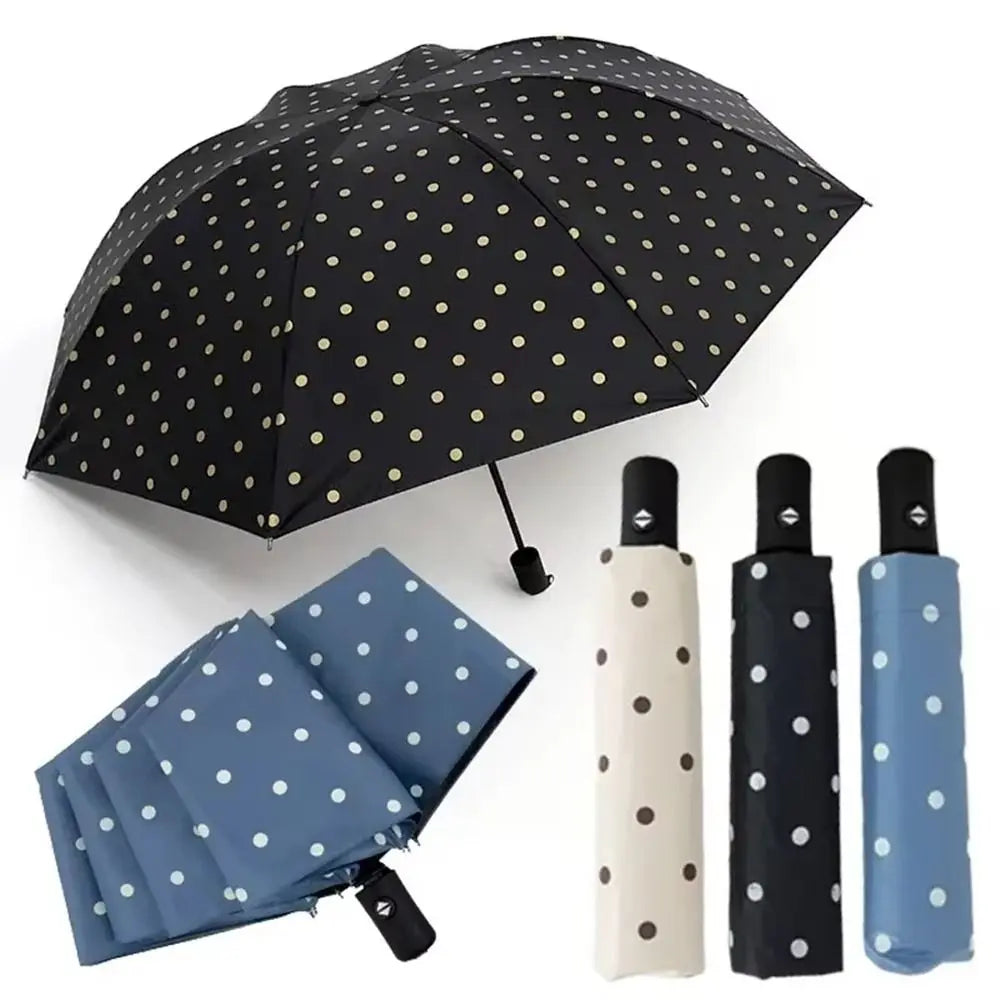 Automatic/Manual Polka Dot Umbrella Black Coated UV Protection Dual Use Umbrella Lightweight Folding Rain Umbrella Summer Vue