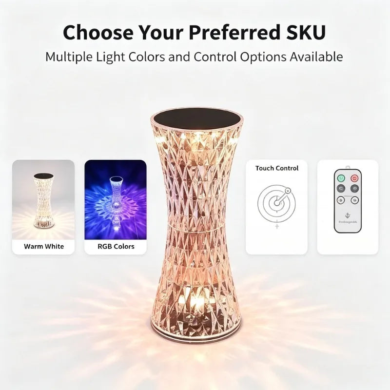 Luxury Crystal Bedside Lamp, LED Ambient Table Light for Bedroom Home Office Hotel Decor Vue