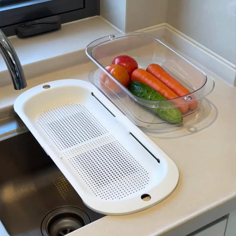 Retractable Double Layer Sink Colander Drain Basket Set of 2 Sink Colander Set Vue
