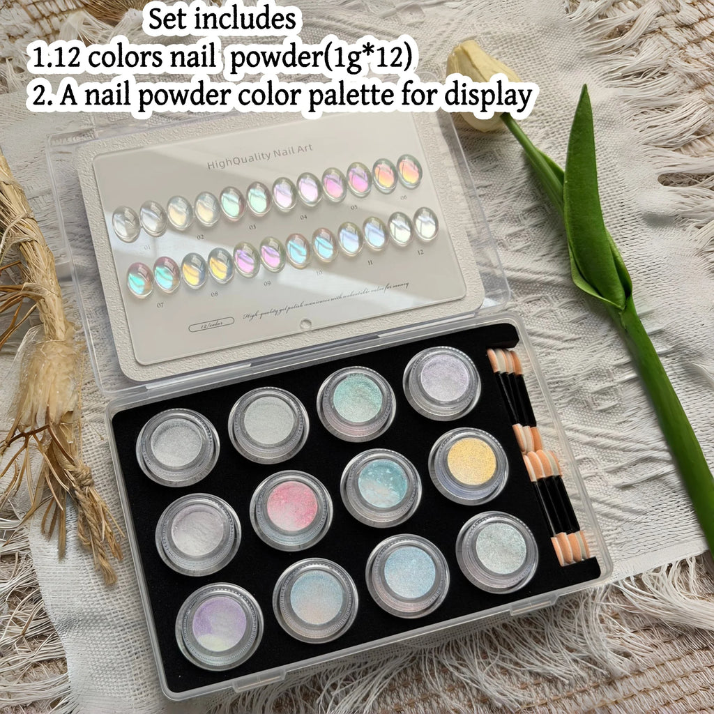 High-End Nail Art Kit, 12 Colors Hydrating Series Nail Powder, Ultra-Fine Glitter, Perfect Gift, Professional Quality Vue 01