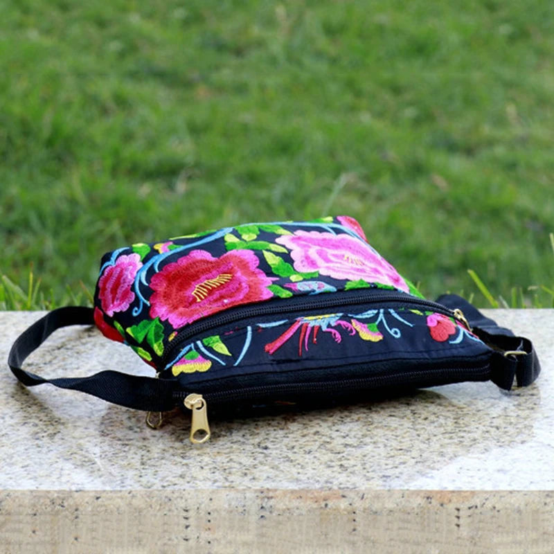 Ethnic Embroidery Bag Three Zipper Women Shoulder Crossbody Small