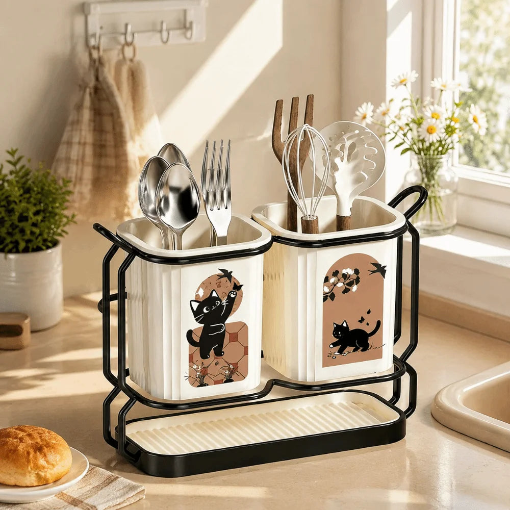 Cute Cat Kitchen Storage Basket Durable Organizer Cutlery Holder Standing No-drill Tableware Drainer Household Vue
