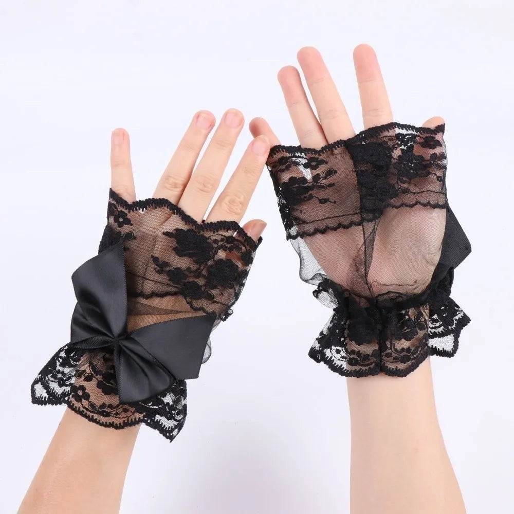 Lace Fake Sleeves Mesh Detachable Wrist Cuffs Bowknot Flower Short