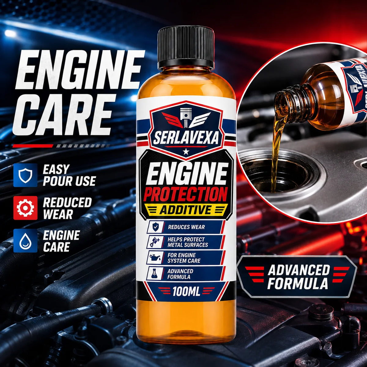 SERLAVEXA 100ml Engine Protection Additive for Car Motor Care, Helps Reduce Wear and Noise, Metal Surface Maintenance Formula Vue