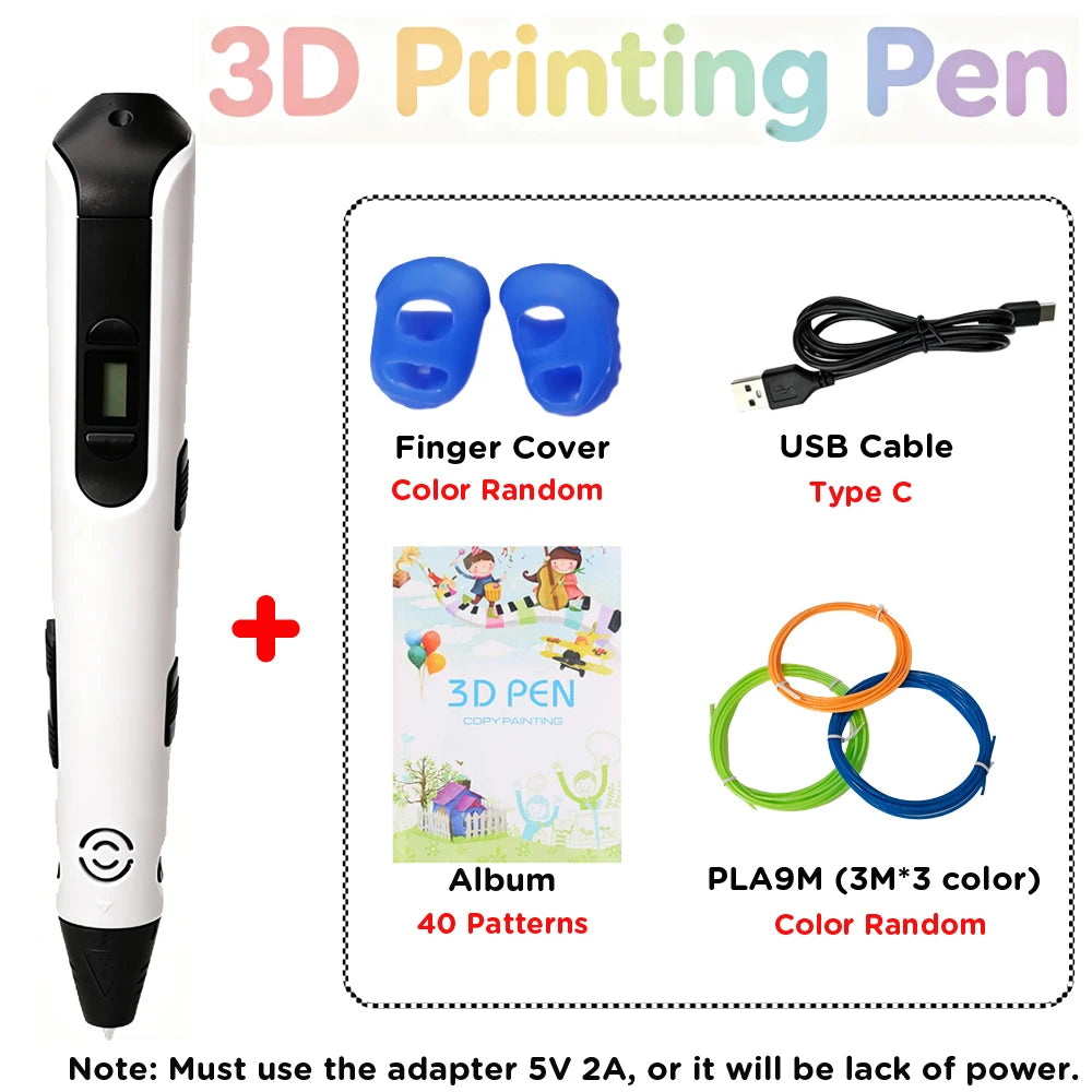 New 3D Printing Pen 1.75mm PLA Children 3D Pen Type C Cable 0.7mm Diameter Material Kids DIY Drawing Pen Boy Girl Birthday Gifts Vue White 9M PLA set PLA Filagment