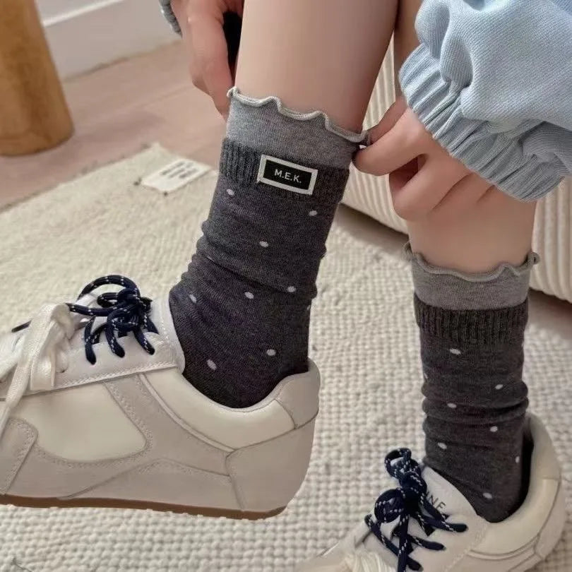 1-10Pairs Japanese Lace Trim Mid Calf Socks for Women Vintage Dot Solid Color Retro Crew Socks All Seasons Fall Winter Vue