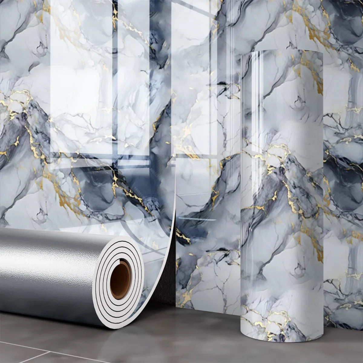 3D Self Adhesive Marble Wallpaper Faux Tile Sticker Removable Peel and Stick for Floor Ceiling Wall Home Decor Vue Light Blue-1Roll