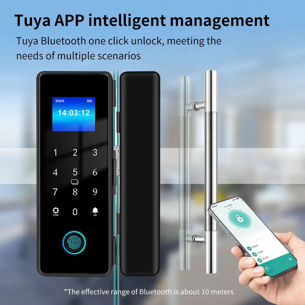 IP54 Waterproof Bluetooth Fingerprint Electronic Glass Door Lock Supports Remote Control and Tuya App Smart Door Lock Vue