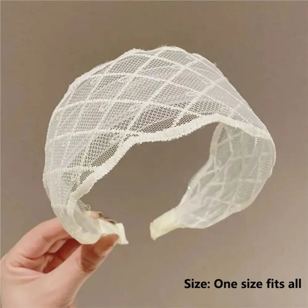 Elegant Lace Headband Mesh Wide Band Bohemian Headwrap Solid White Vue