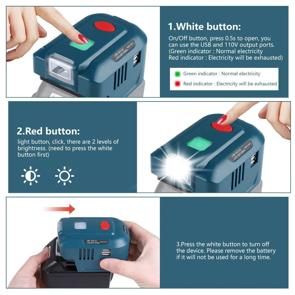 For Makita/Dewalt/Milwaukee/Ryobi 18V 110~120V with AC Outlet LED Light 150W Power Supply Inverter Dual USB Portable Inverters Vue