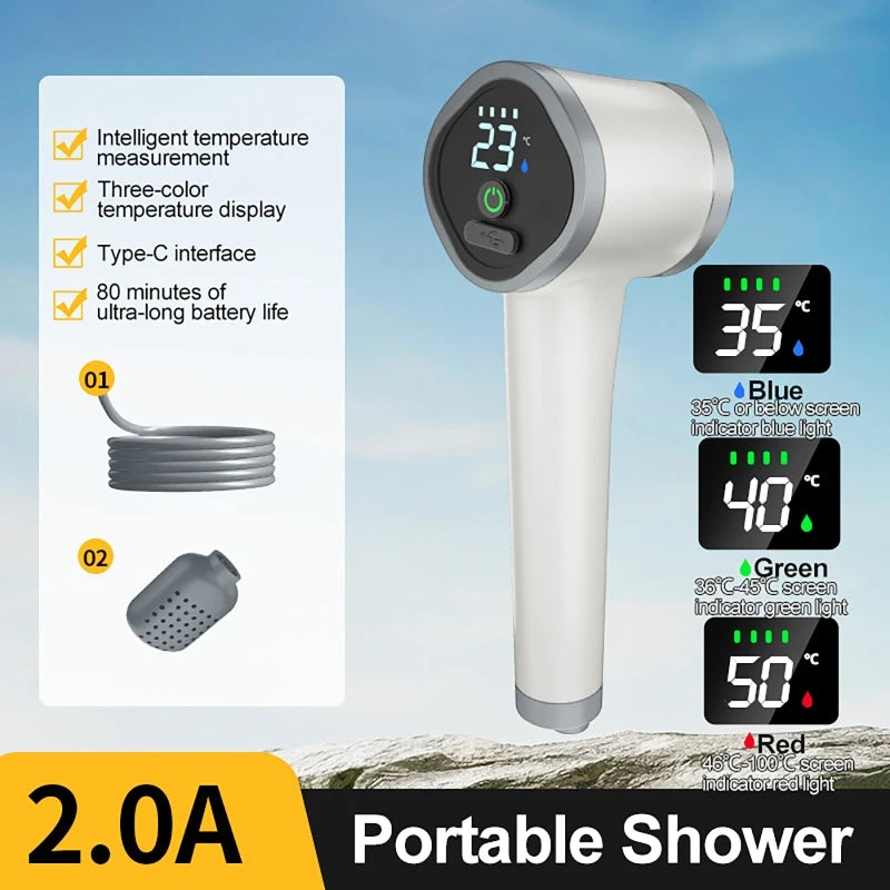Portable Rechargeable Camping Shower – LCD, USB, 2m Hose Portable Camping Shower Vue