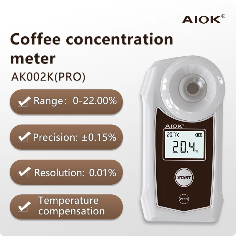 AIOK AK002K AK002KPRO Refractometer High Precision Coffee Concentration Meter Range TDS 0-22% Temerature Compensation IP67 PPBOX Vue AK002K(PRO)