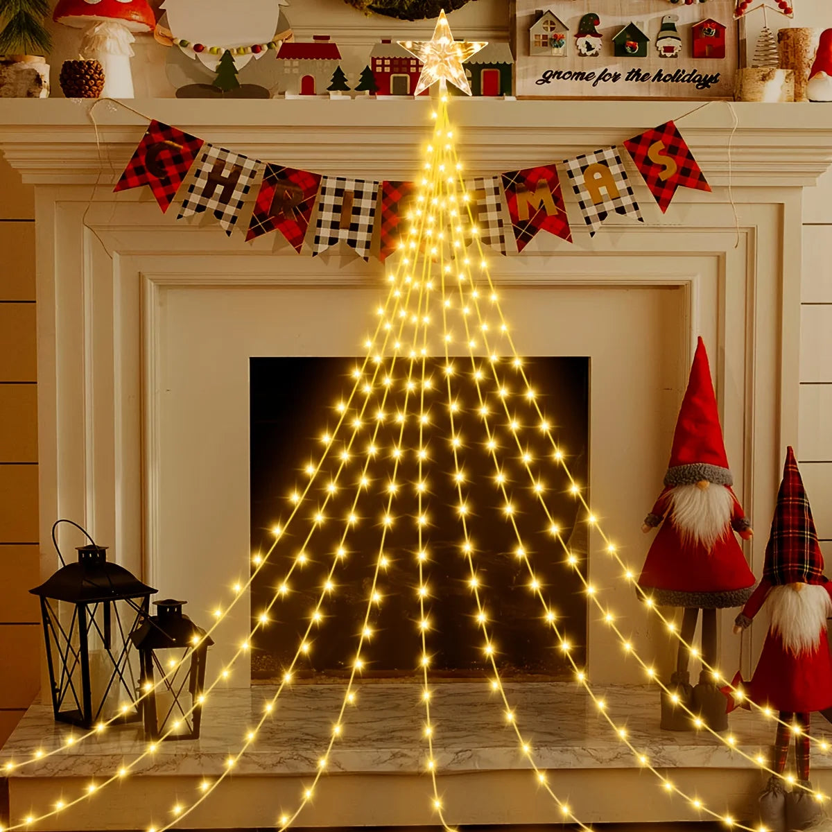 LED Christmas Star Waterfall Lights, USB Powered with 8 Modes&Remote, Indoor/Outdoor for Christmas Tree, Garden, Curtain, Party Vue