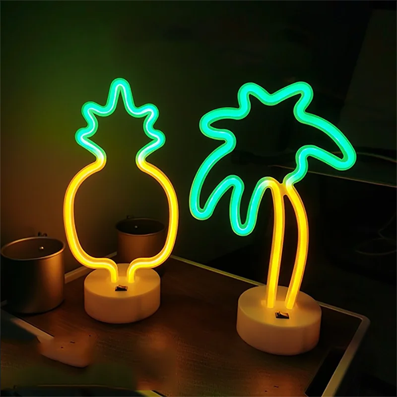 Room Decor Flamingo Clover Coconut Tree Cactus Neon Light Sign LED Night Light USB Or Battery Table Lamp For Home Decorations Vue