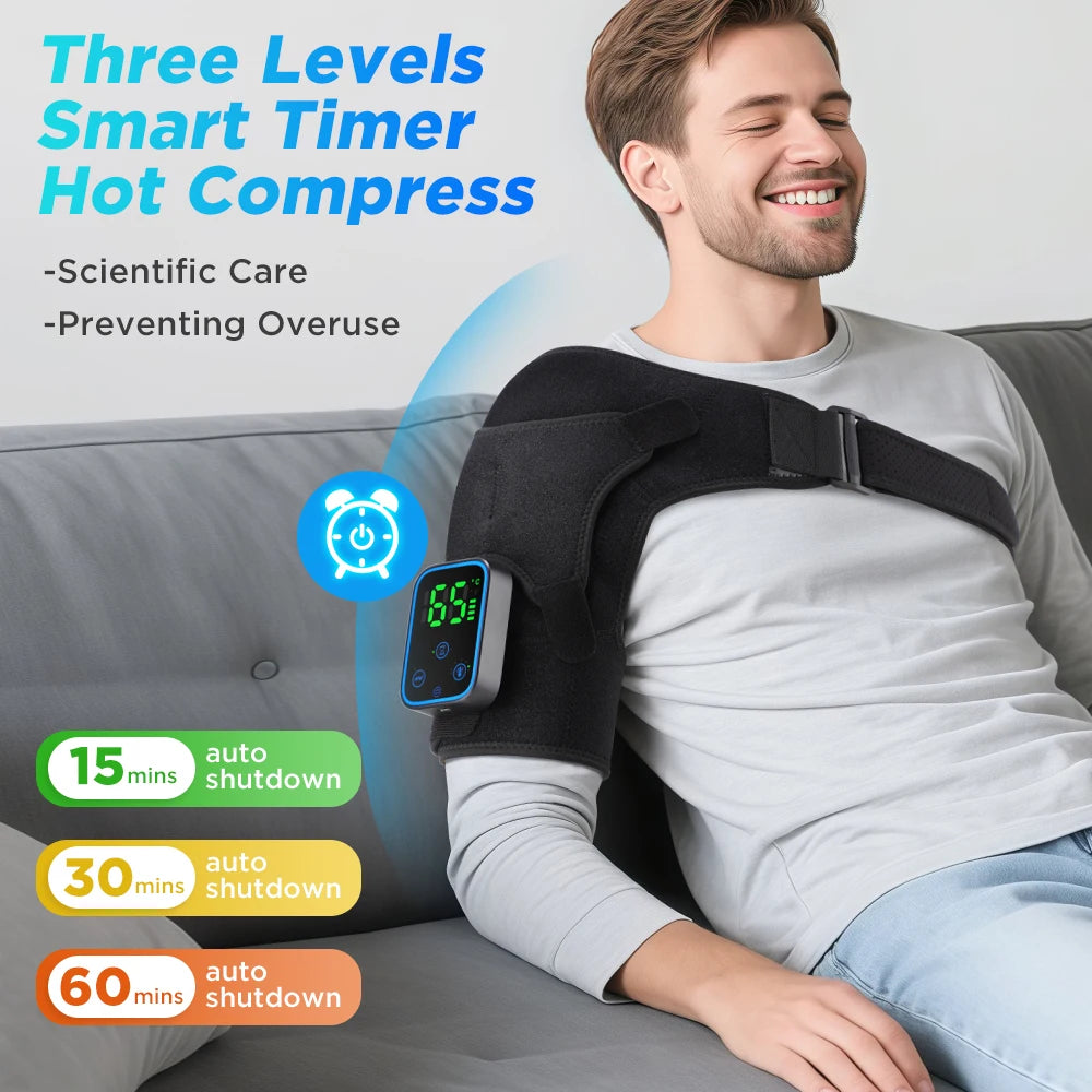 Graphene Electric Heating Shoulder Massager with APP Control 7 Heat Setting 3 Vibration Mode Washable Neoprene Shoulder Wrap Wireless Heating Pad for Neck Shoulder Pain Relief USB Rechargeable 5000mAh Vue