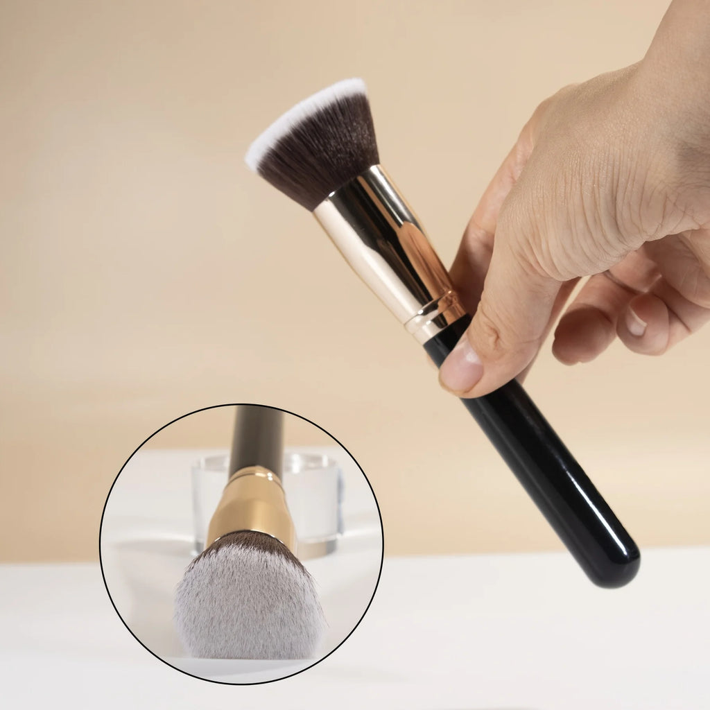 Flat Top Premium Foundation Brush – Streak-Free for Liquid/Cream/Powder, Flawless Blending, Painted Wood Handle (Vegan Bristles) Vue