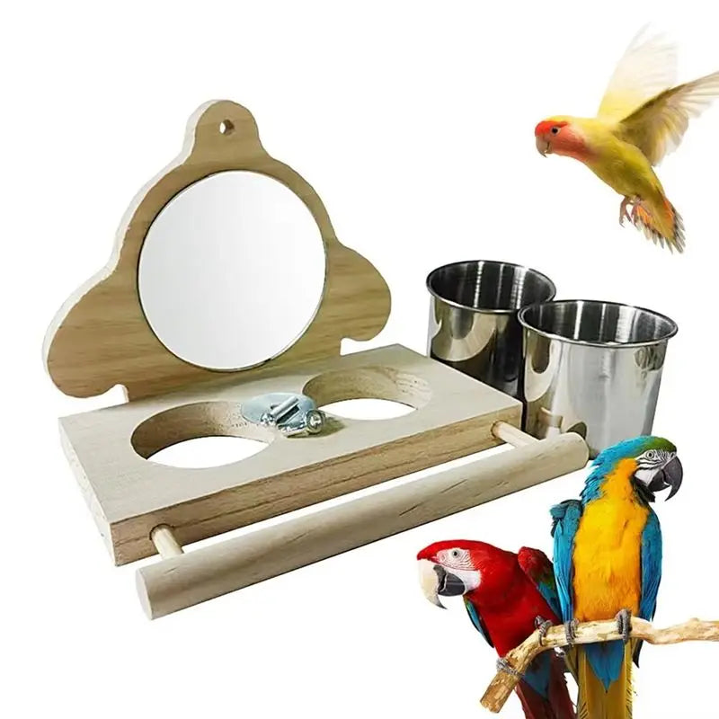 ABKW-Parrot Perch Wooden Parakeet Mirror Bird Parrot Perch With Mirror And Feeding Cups Cage Play For Lovebird Vue Wood Color B