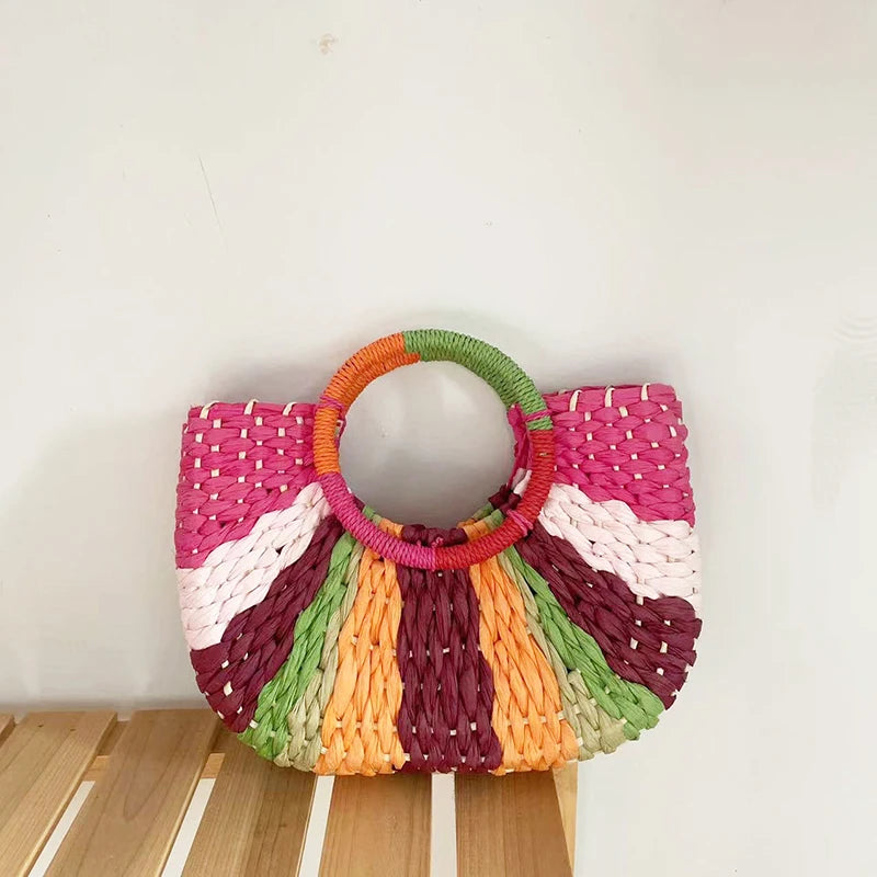 Straw Bag Women Hand-woven Handbags Moon Shape Rattan Tote Big Vue rose
