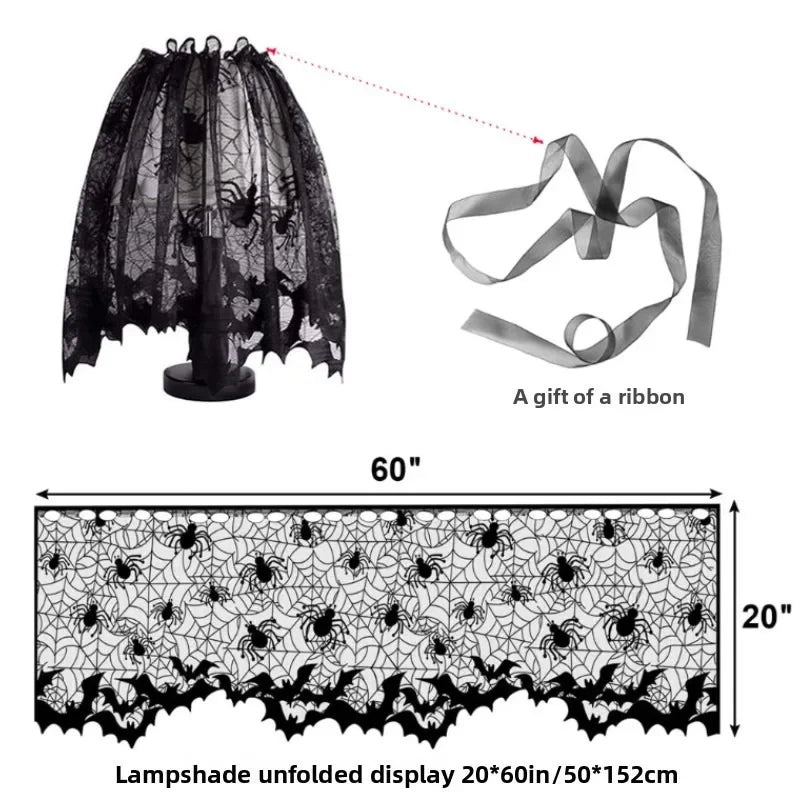 1-5pcs Halloween Black Lace Table Cloth for Family Dinner Party Ghost Decor Floral Skeleton for Fireplace Shelf Table Cover Vue Lampshade 3PCS