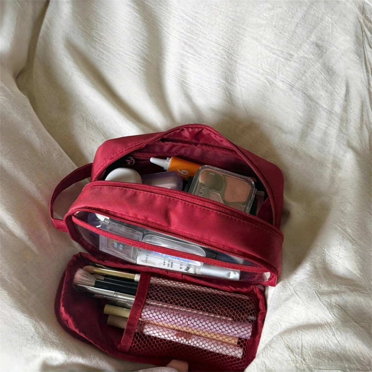 Double Layer Cosmetic Bag Nylon Travel Makeup Organizer Large Capacity Toiletry Bag Multifunction Pencil Case Brush Holder Vue