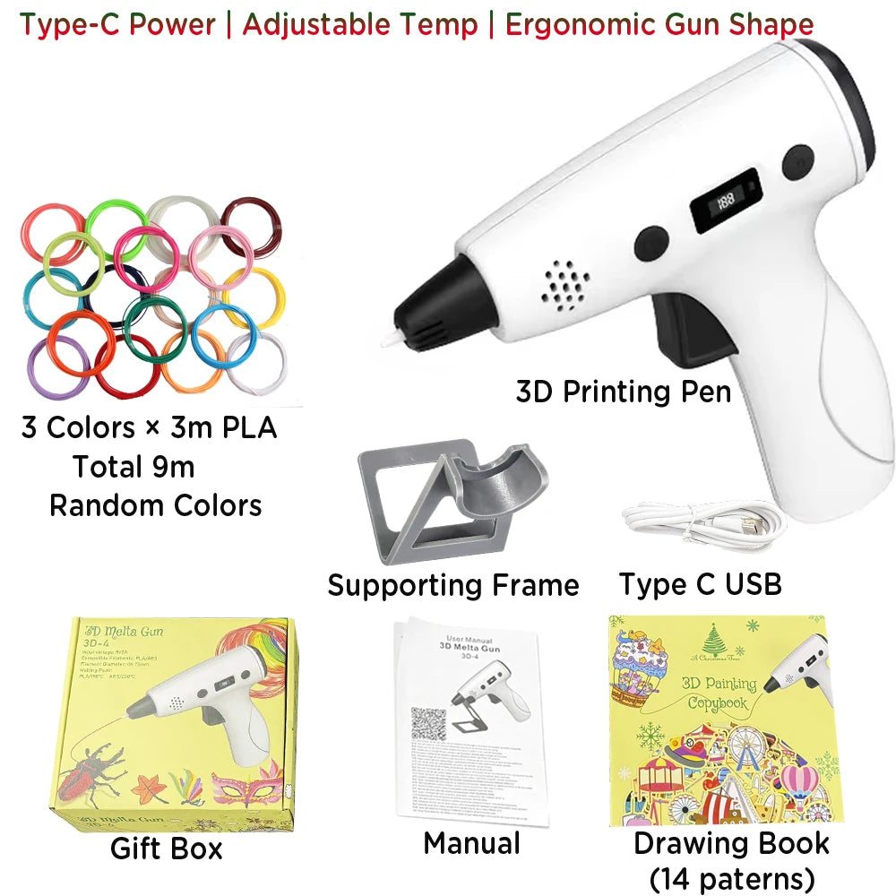 3D Printing Pen Type-C Adjustable Speed LCD Display DIY Graffiti Pen for Kids Teens PLA ABS 3D Art Craft Birthday Gift Boy Girl Vue white with 9M PLA