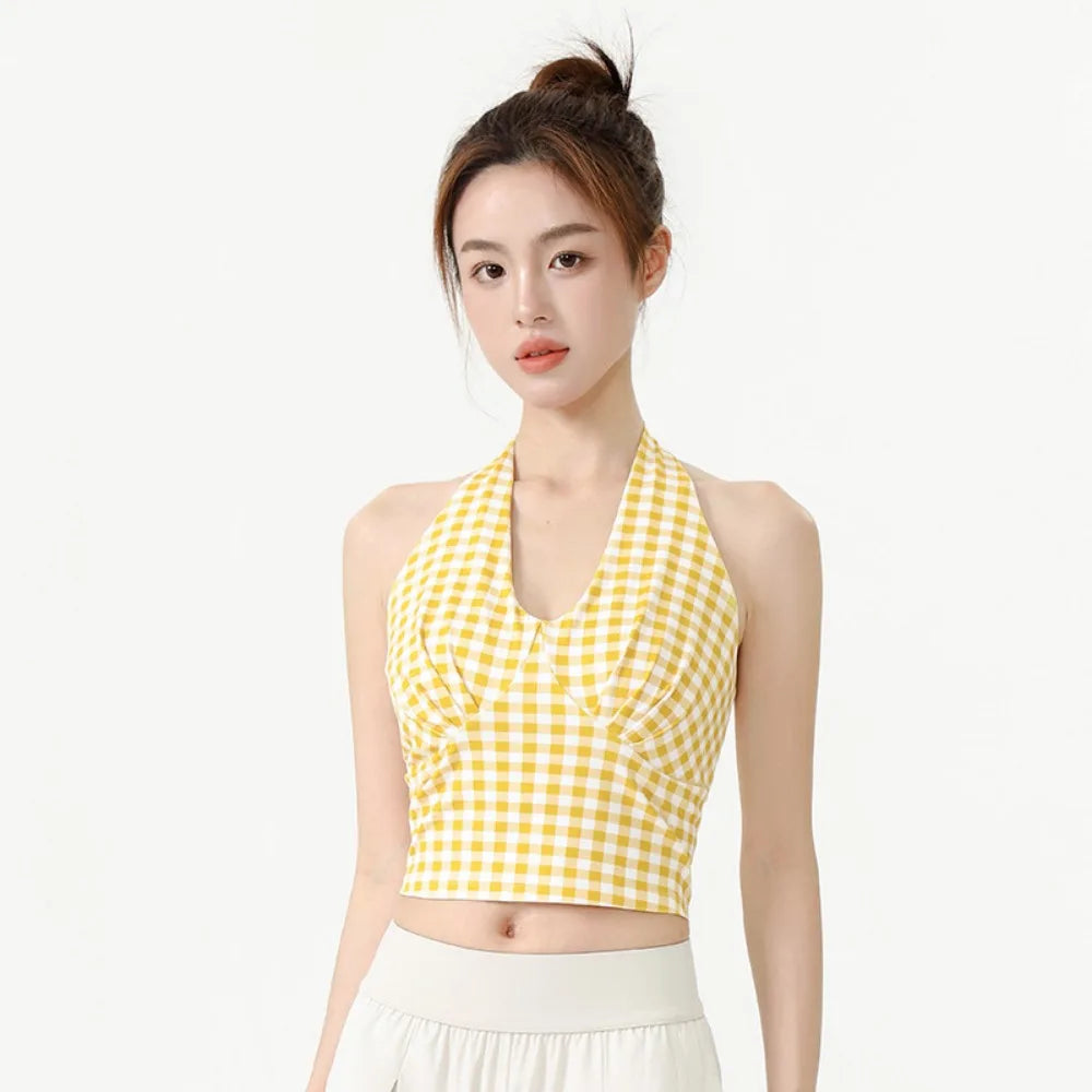 Y2K V-Neck Yoga Vest Backless Fixed Pad Sports Bra Breathable Slim Fit Push-Up Tank Top Daily Street Vue Yellow-L