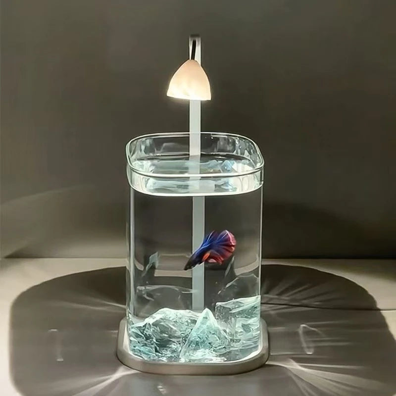 Glass Mini Fish Tank With Ice Crystals And Pearl Rhinestone Desktop Eco Betta Aquarium Complete Set For Home Table Decor Gift Vue