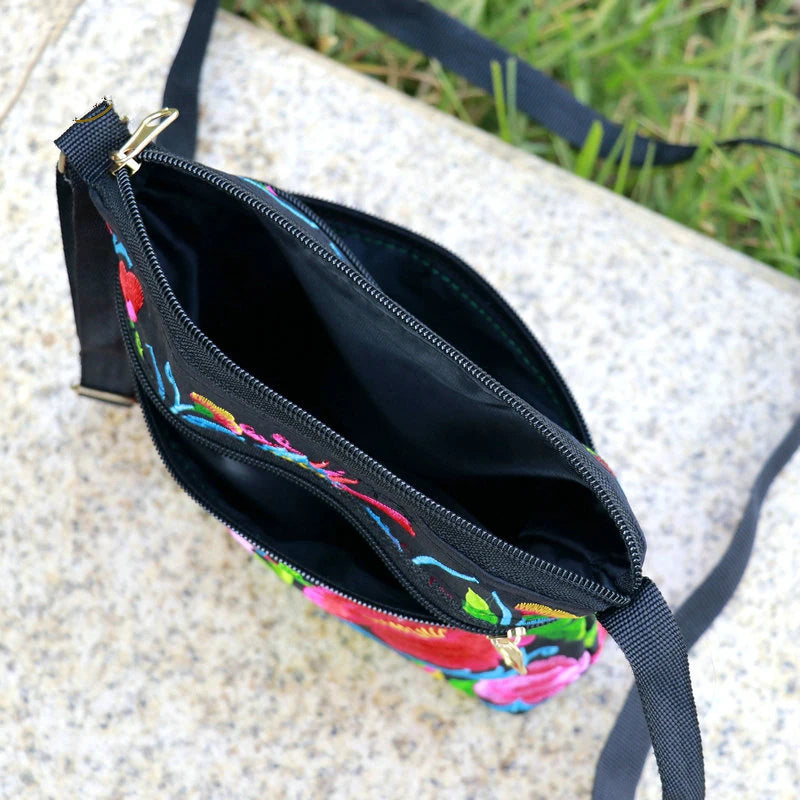 Ethnic Embroidery Bag Three Zipper Women Shoulder Crossbody Small