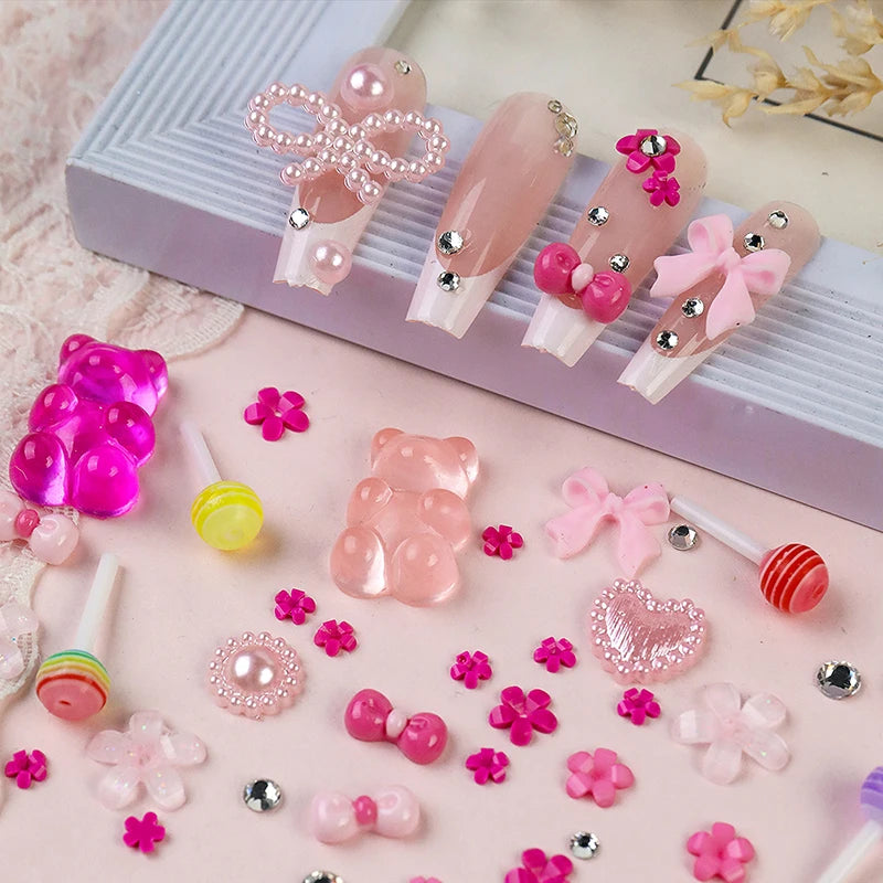 12/15 Grids/Box 3D Nail Art Decoration Kit With Resin Bowknot Pearls Heart & Assorted Shapes Kawaii Nail Charms DIY Manicure Art Vue