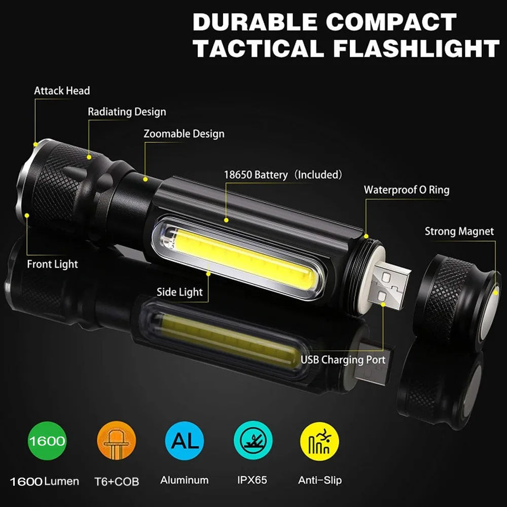 USB T6 Strong Light LED Rechargeable Flashlight Magnetic Torch Lanter Zoomable Flashlight COB Zoom Highlight Outdoor Lighting Vue