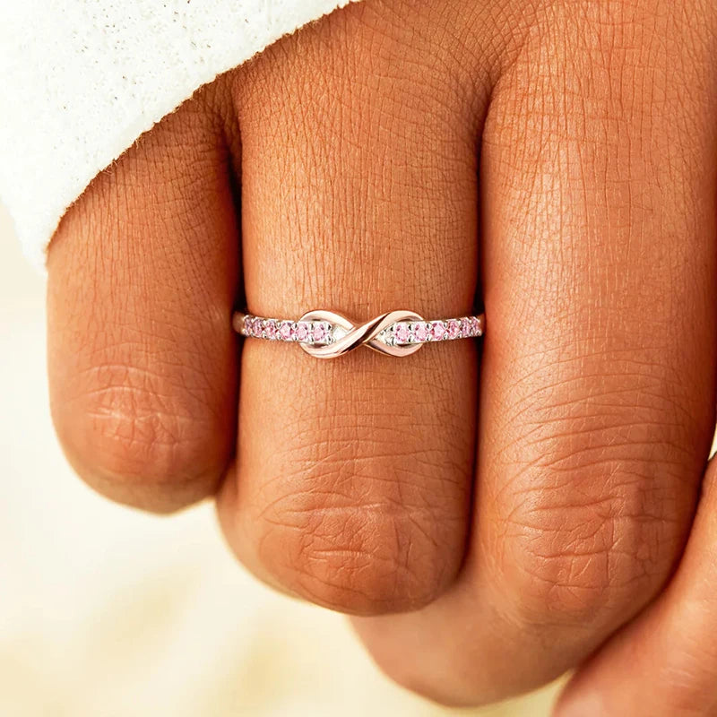 Huitan Infinity Ring Women Pink Cubic Zirconia Wedding Band Fashion Ring Vue