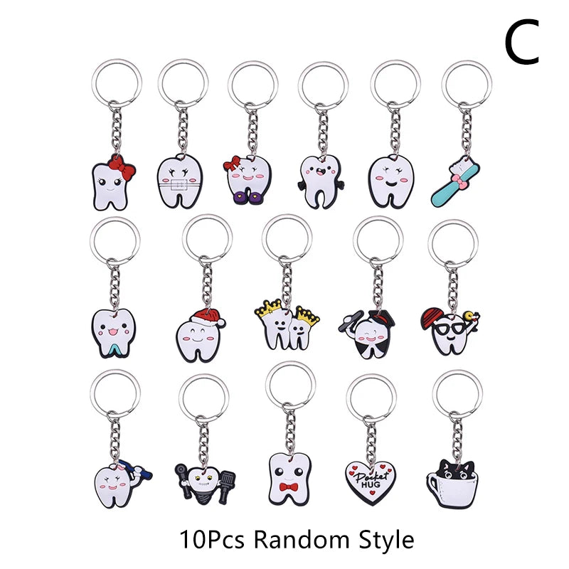 10Pcs Random Dental Tooth Shape Model Simulation Keychain Fashion Keyring Cartoon Lovely Girls Kids Gift Pendant Teeth Key Chain Vue C-10PCS Random