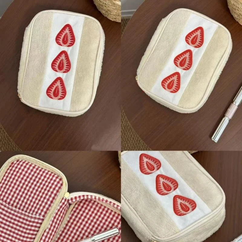 Cute Embroidered Strawberry Pencil Case Portable Stationery Box Large Capacity Multi-functional Makeup Storage Bag Vue
