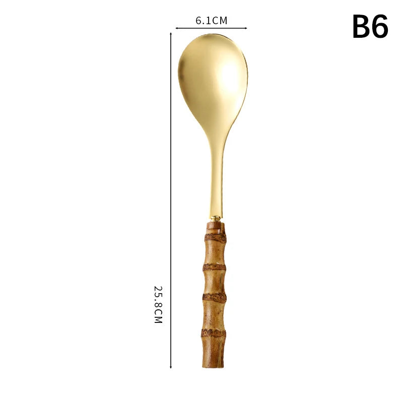Long Handle Serving Spoon Fork Stainless Steel Gold Silver Bamboo Vue B6
