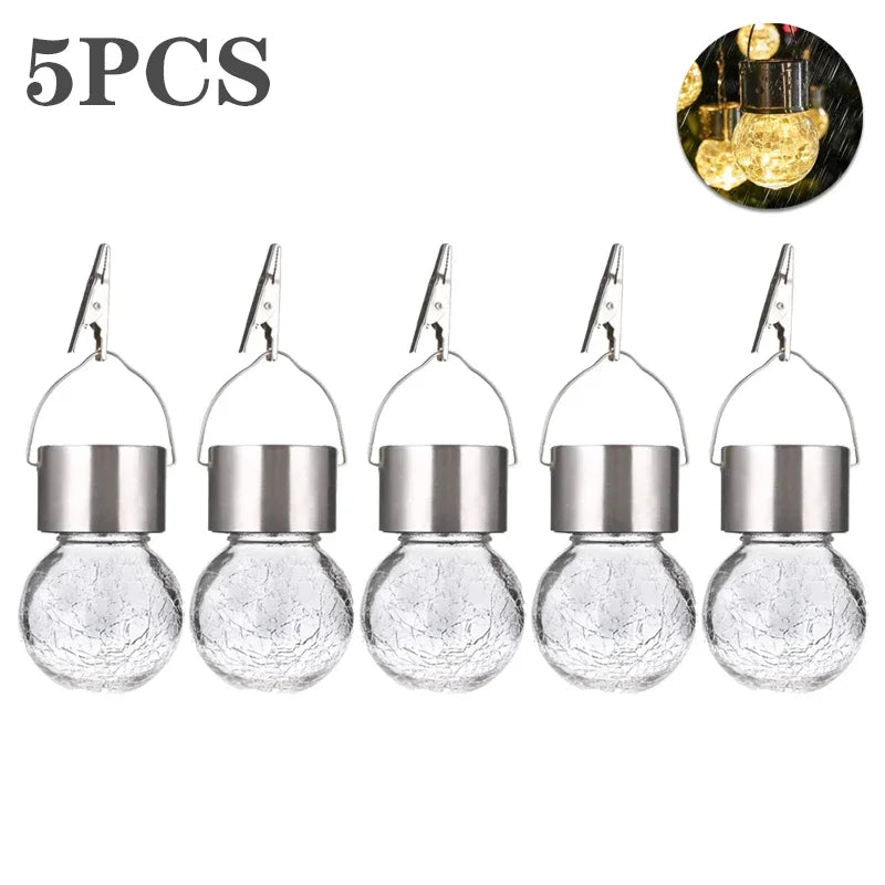 1/3/5PCS Solar Powered Outdoor Hanging Lights Colorful LED Cracked Glass Ball Design Waterproof Pathway Lantern for Garden Decor Vue Warm-5PCS