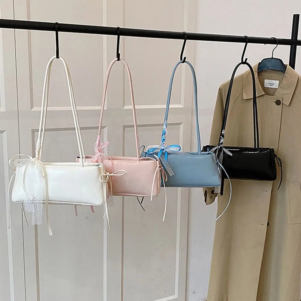 Trendy Multicolor Shoulder Bag PU Leather Bowknot Versatile Commuting Bag with Lace Ribbon Large Capacity Underarm Bag Shopping Vue
